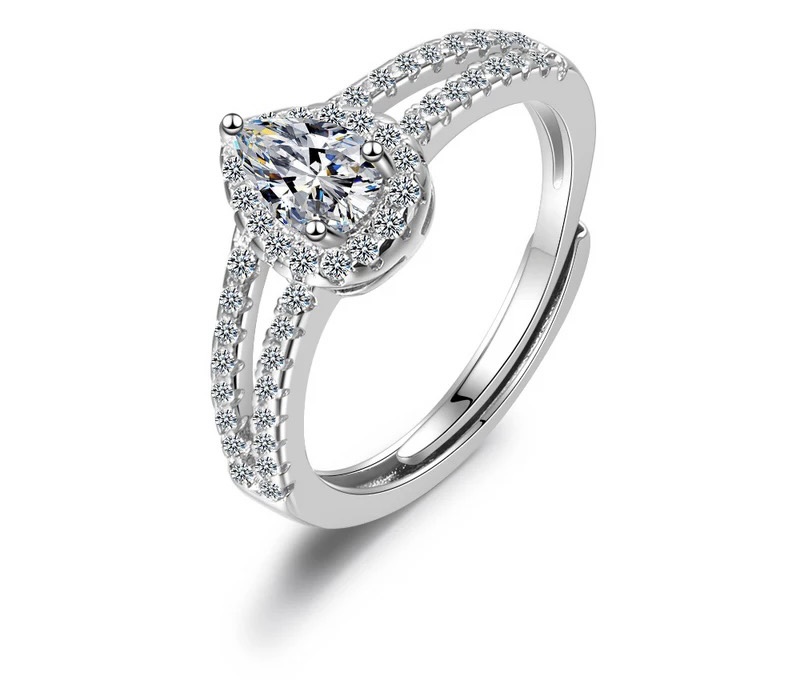 Sterling Silver Adjustable Double Band Halo Pear Shape Ring Glamourize UK