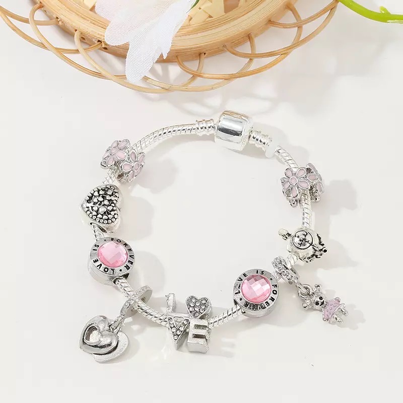 Pink & Silver Love Charm Bracelet - Glamourize UK