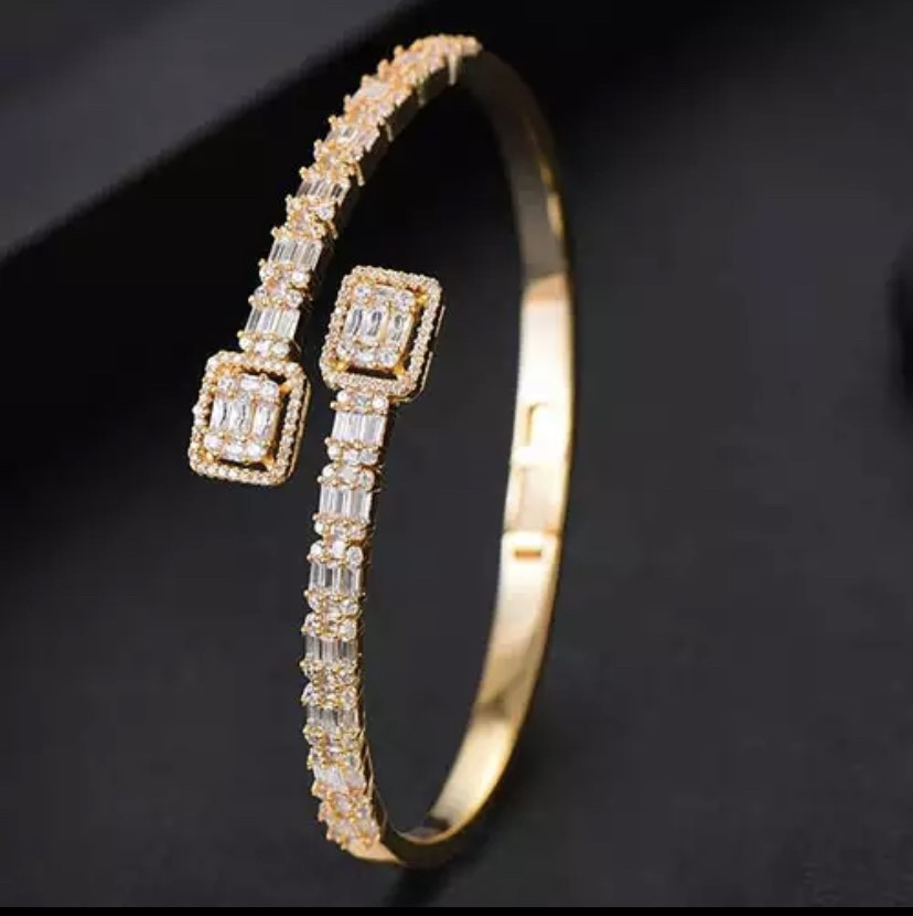 Gold Luxury Cubic Zirconia unisex Baguette Style Adjustable Bangle Bracelet